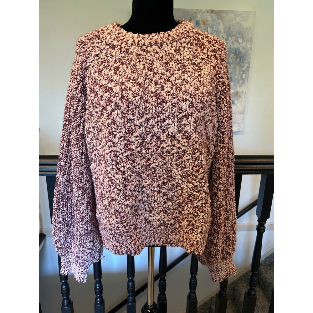 Lulus Popcorn Knit Sweater Burgundy Cream Marled Balloon Sleeve Crew Neck Large